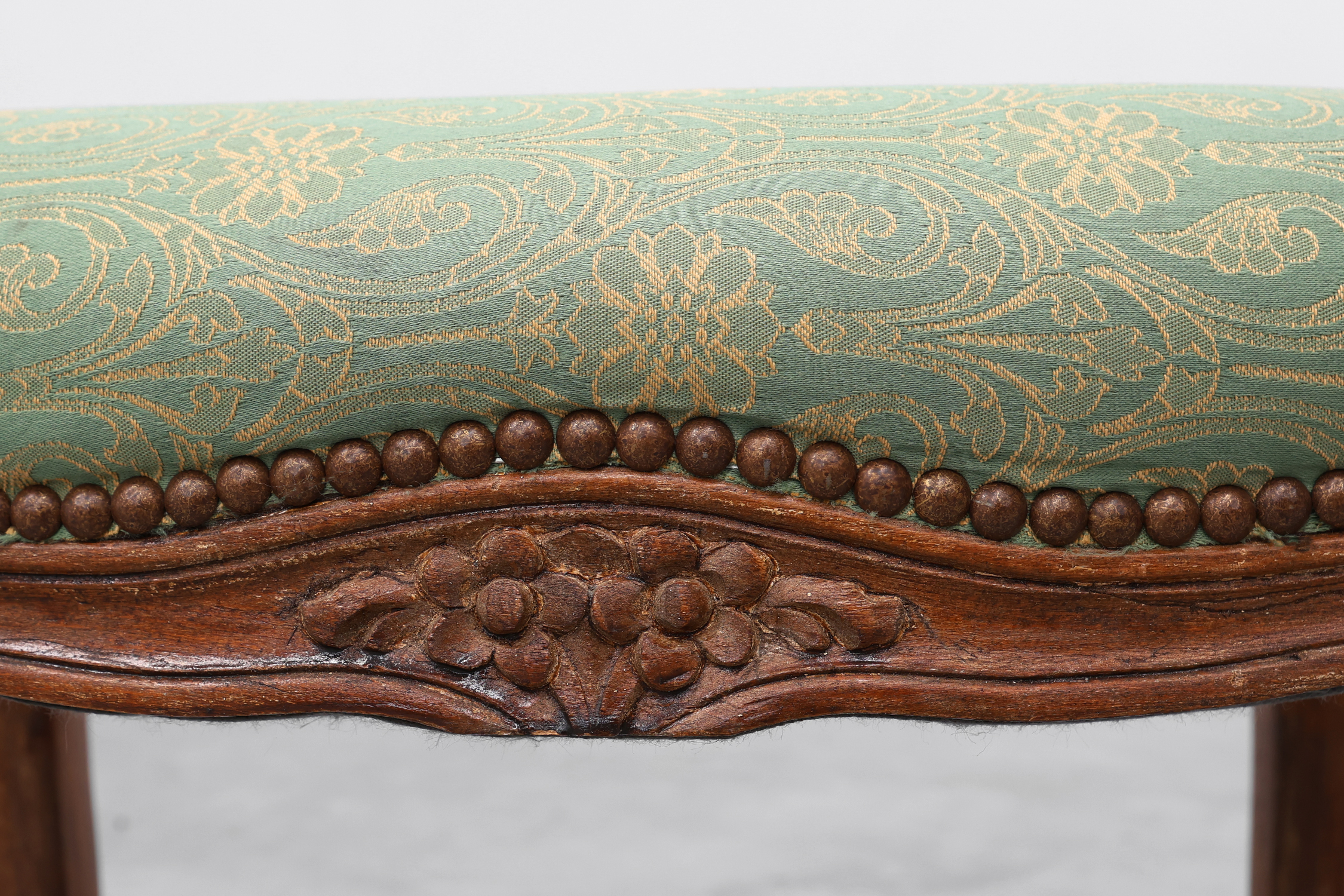 Louis XV stool with carved floral apron and original damask upholstery, France ca. 1900thumbnail